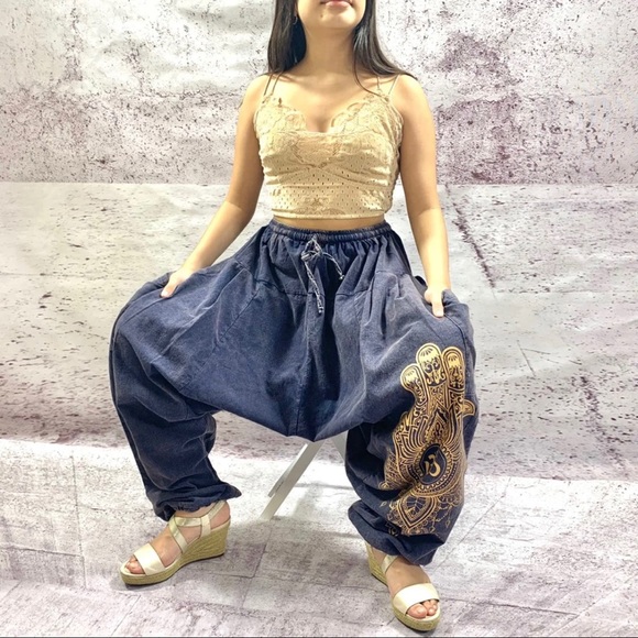 Handmade stonewashed Ohm Print Harem Pants Navy - Picture 3 of 7